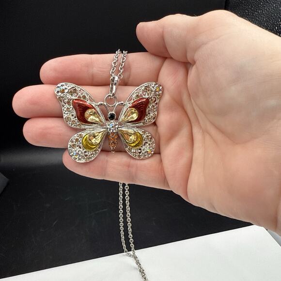 Butterfly Necklace 27" Acrylic Red Yellow Crystal Pendant Silver Tone Long Chain - Picture 5 of 7